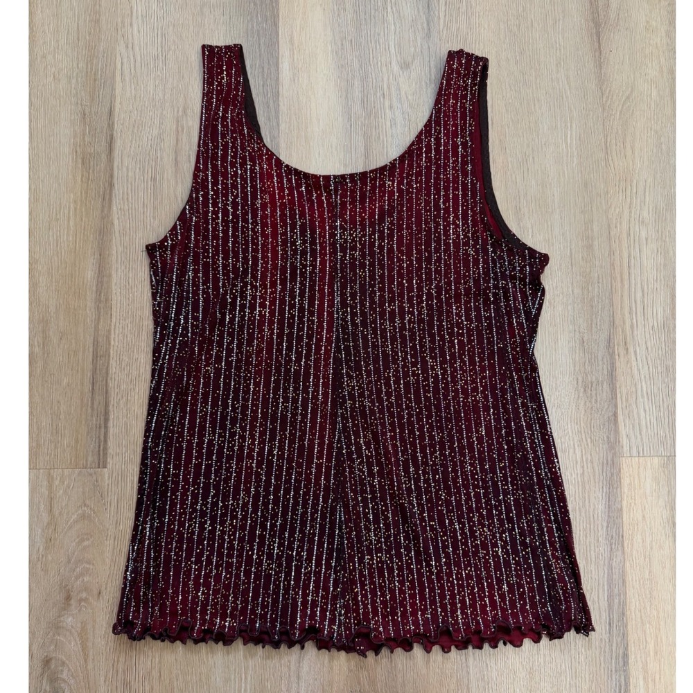 Vintage Y2K Burgundy Red Glitter Stripe Tank Top Lettuce Hem Scoop Neck Large - Picture 2 of 5